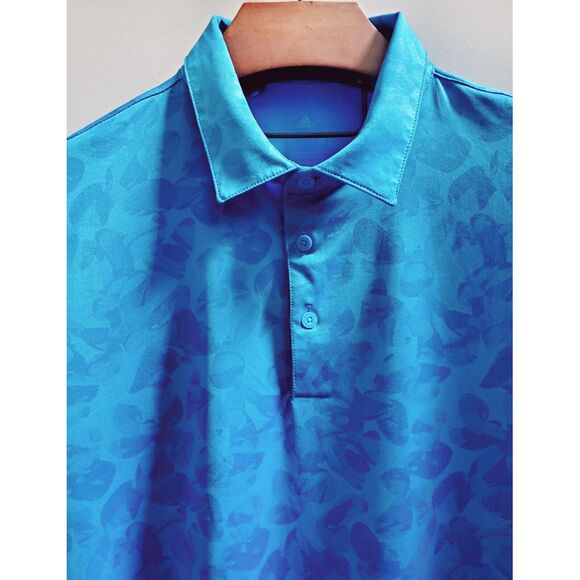 Adidas Golf Polo Shirt L Prisma Blue Short Sleeve Abstract Print Logo Raised Arm - Picture 6 of 12